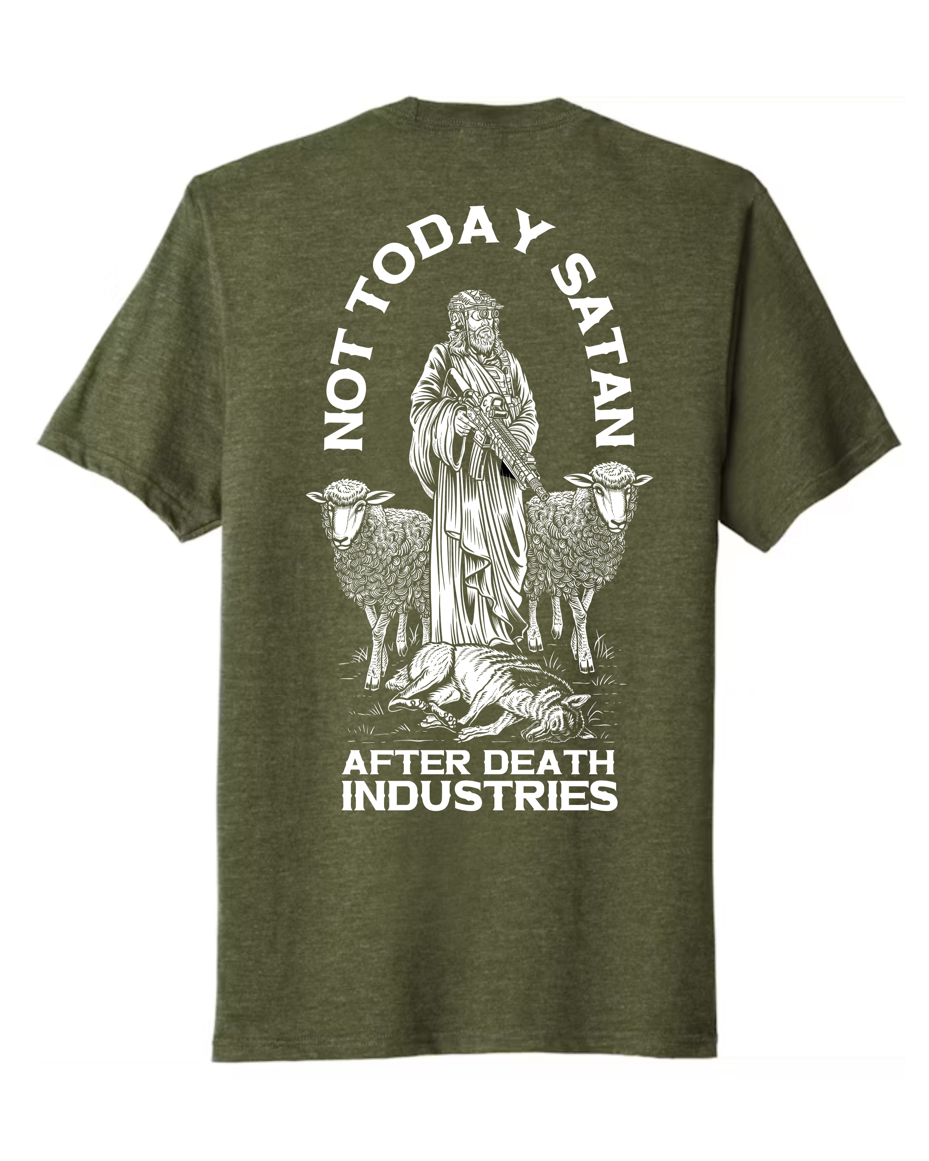 Green t-shirt with white graphic design featuring a figure and text on a white background