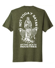 Green t-shirt with white graphic design featuring a figure and text on a white background
