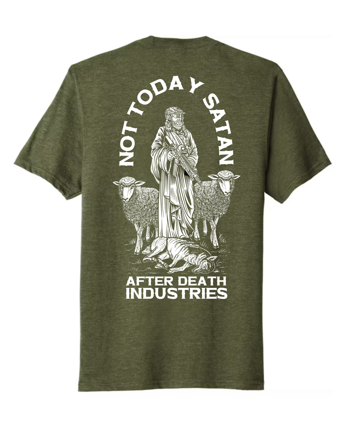 Green t-shirt with white graphic design featuring a figure and text on a white background
